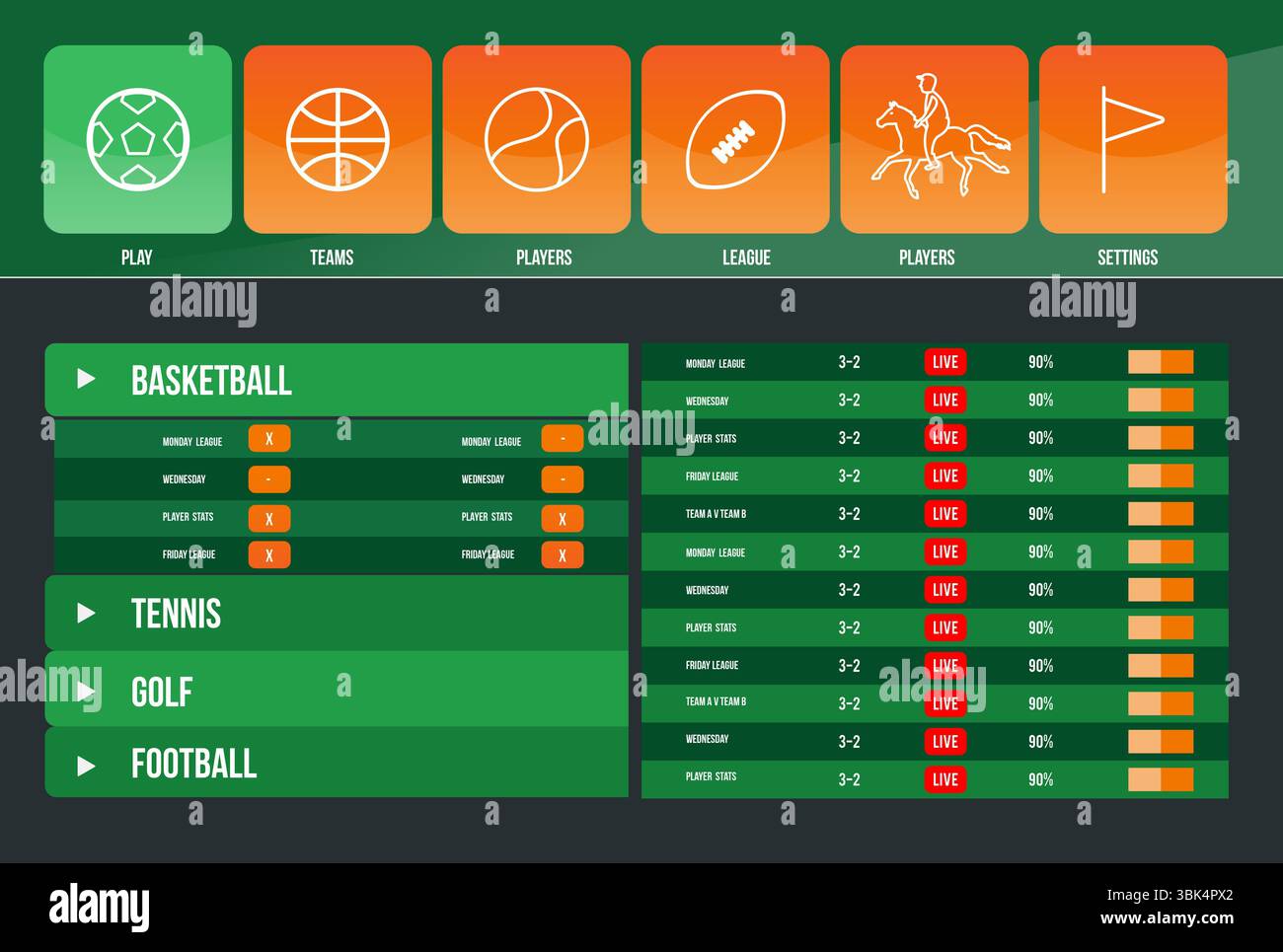 Affichage de l'interface de sport de conception plate avec des icônes colorées, des bascules, un tableau en direct, un fond transparent Banque D'Images