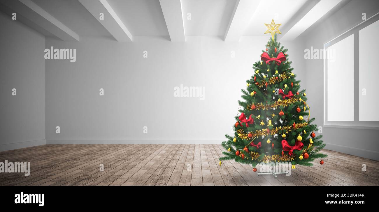 Arbre de Noël de conception plate avec des noeuds rouges, boules d'or se tient à côté de la fenêtre, espace de copie Banque D'Images