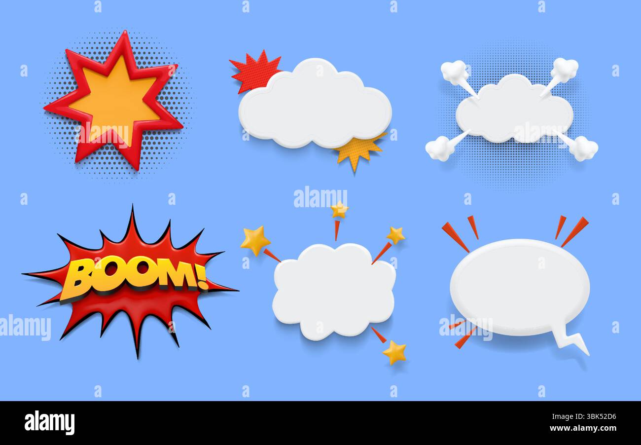 Bulle comique 3D. Surprise bang. Effet vocal pour le son. Élément de texte pop art. Cadre d'explosion WOW et boom. Exploser smash. Autocollant vierge. Forme de dynamite explosée. Nuage de bouffées. Icônes de dessin animé vectoriel définies Illustration de Vecteur