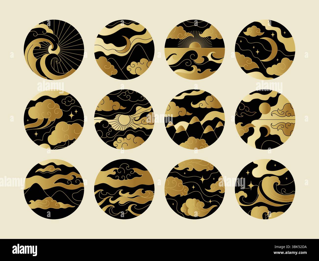 Motif chinois. Soleil et nuages d'or japonais, ornement de tatouage oriental ou eau asiatique, vent et mer. Ciel mongol. Icônes rondes, collection d'autocollants créatifs de cercle. Emblèmes ou étiquettes. Conception vectorielle Illustration de Vecteur