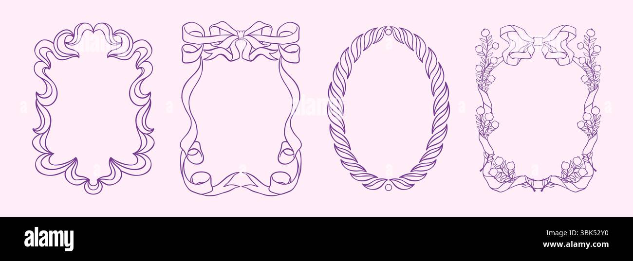 Ensemble de cadres de ruban. Bordure d'arc, jolie carte d'invitation dessinée à la main valentine ou menu de ligne de fête de mariage, esthétique de coquette. Design romantique rose avec des éléments botaniques. Décor luxueux isolé. Impression vectorielle Illustration de Vecteur