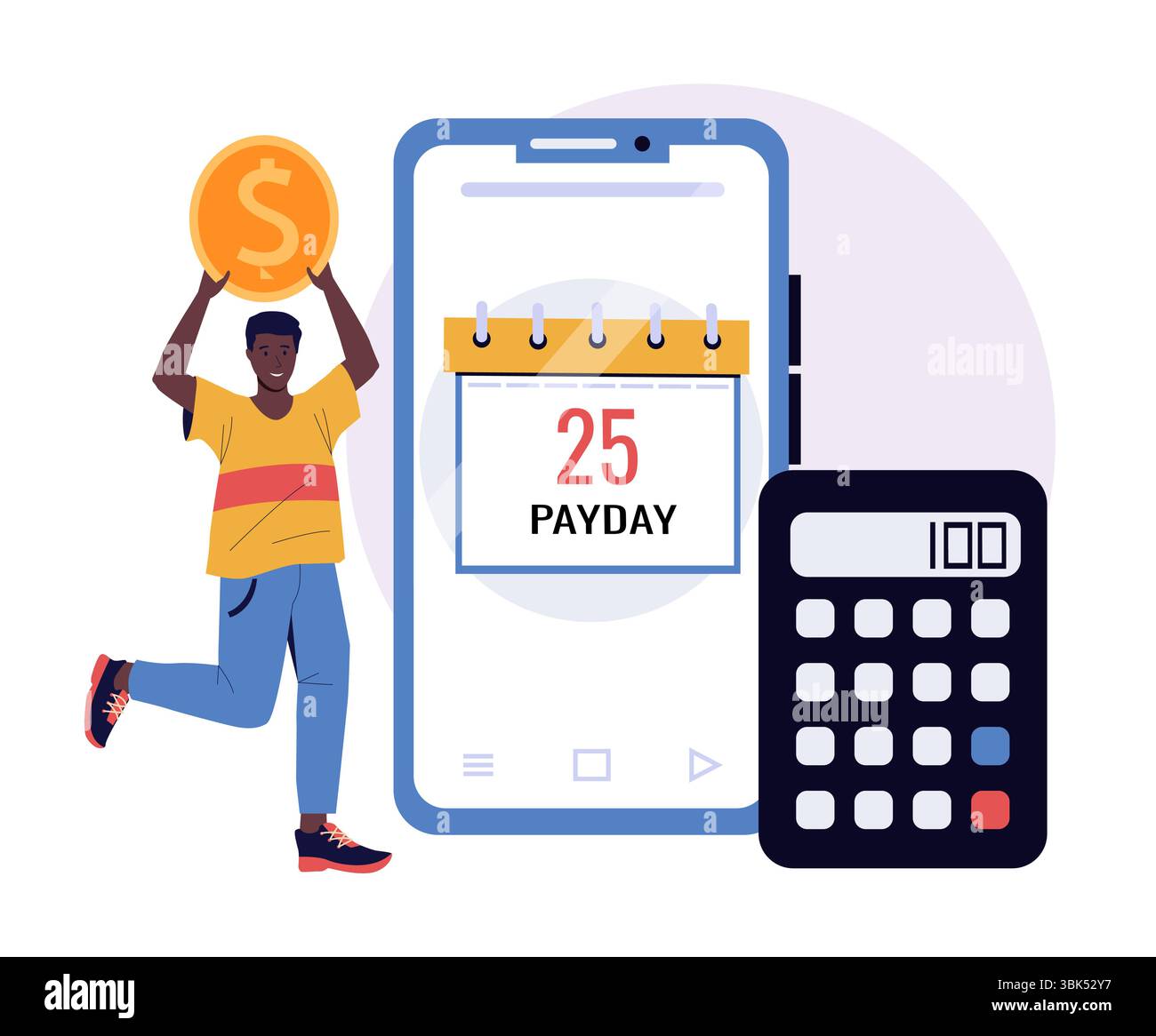 Les gens avec des pièces de monnaie. Jour de paie. Homme attendant son salaire. Salaire pour le travail. Employé détenant une pièce d'or. Comptage d'argent avec calculateur. Date de paiement. Application téléphone. Calendrier de l'organiseur. Bénéfice financier. Concept de vecteur Illustration de Vecteur