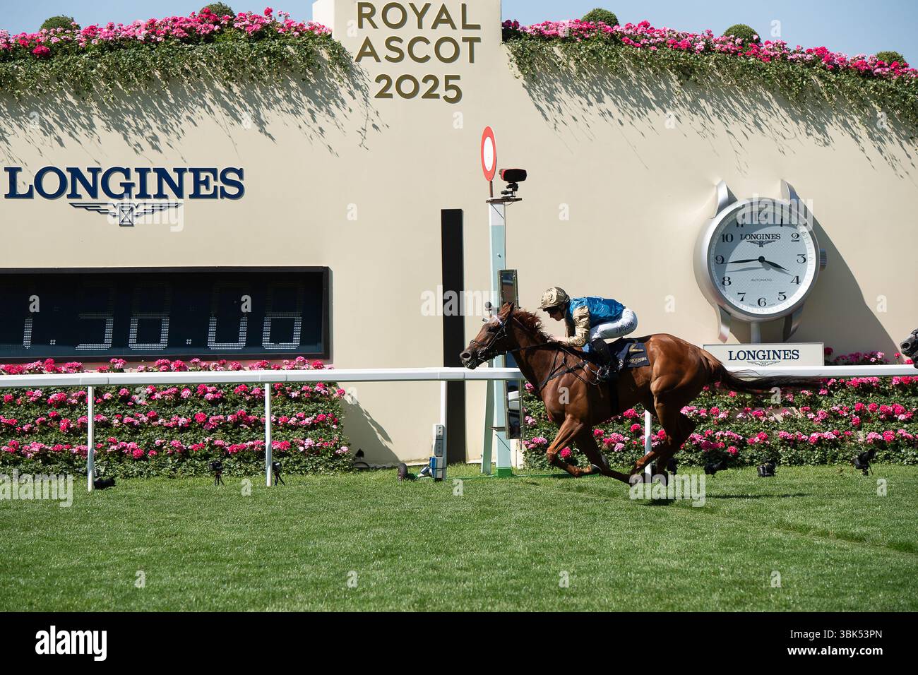 Ascot, Berkshire, Royaume-Uni. 18 juin 2025. Horse CRIMSON ADVOCATE monté par le jockey James McDonald remporte le Duke of Cambridge Stakes Group 2 à Royal Ascot, Ascot Racecourse Berkshire le deuxième jour de Royal Ascot. Propriétaire Wathnan Racing, entraîneur John & Thady Gosden, Newmarket, éleveur Whitehall Lane Farm. Crédit : Maureen McLean/Alamy Live News Banque D'Images