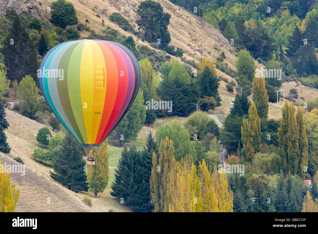 Une montgolfière volant bas au-dessus des arbres près de Queenstown, Otago, Nouvelle-Zélande Banque D'Images