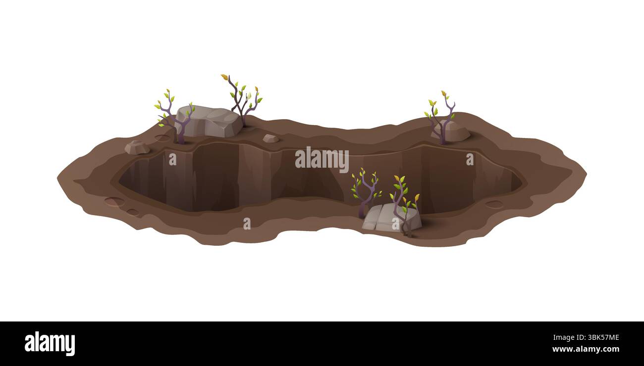 Caricature profonde fosse sale et terrier, trou au sol. Fosse d'érosion du sol ou gouffre de catastrophe naturelle, terrier animal vecteur isolé. Trou profond sale et boueux dans le sol avec des pierres et des pousses d'arbres sur les bords Illustration de Vecteur