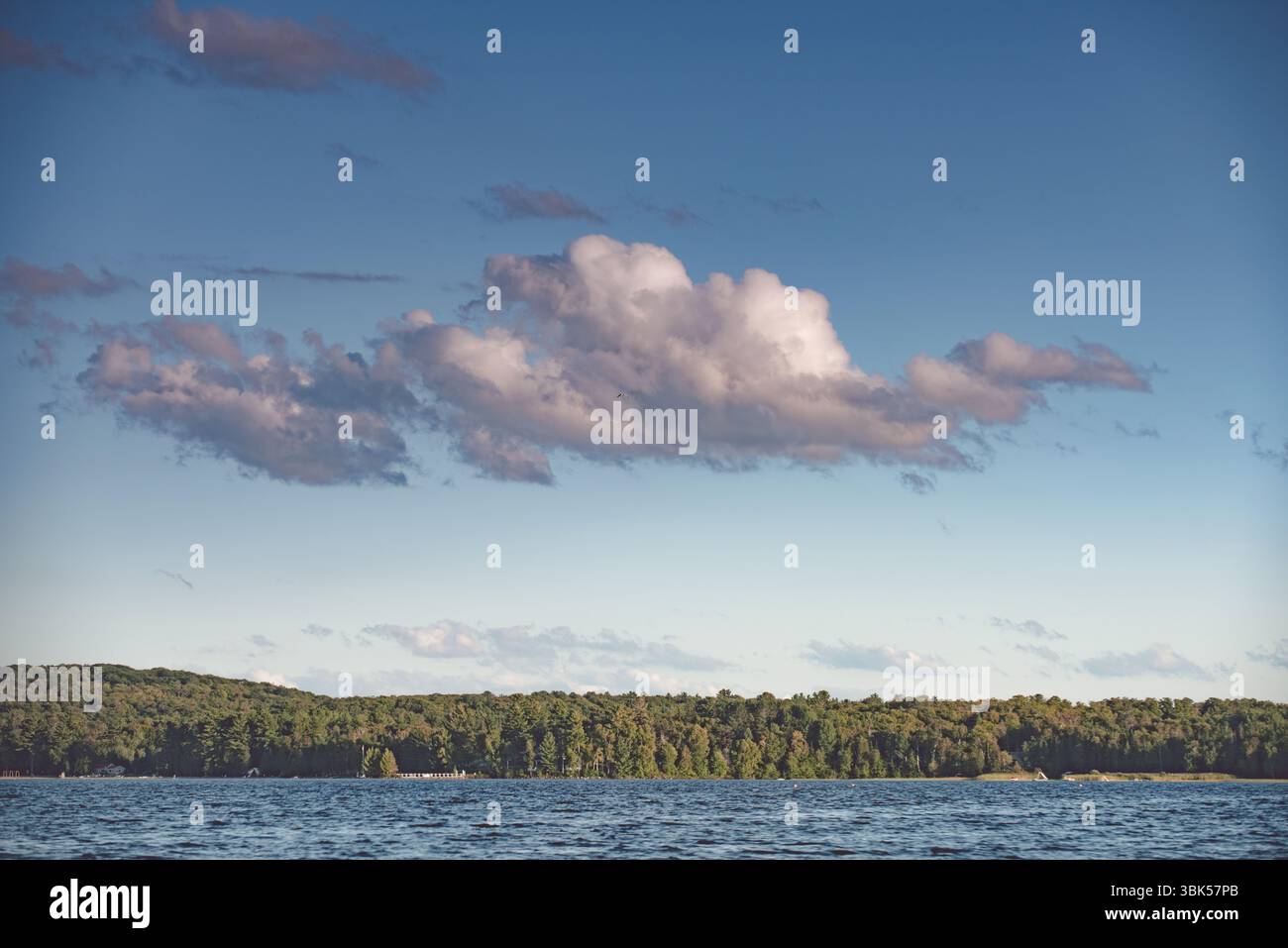 Nuage au-dessus d'un rivage boisé et lac calme sous un ciel bleu dans le nord du Canada. Banque D'Images