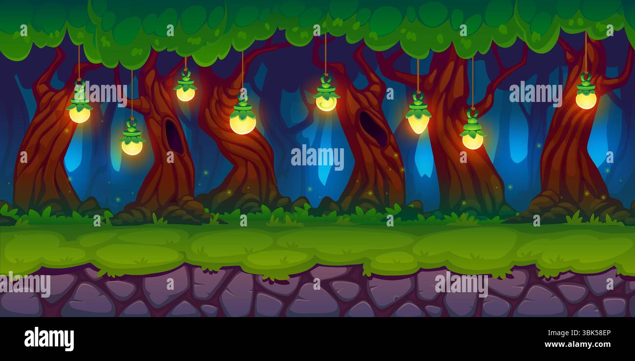 Fond de jeu d'arcade de forêt, paysage de nuit de conte de fées avec des lanternes magiques. Emplacement de niveau de défilement latéral fantaisiste de vecteur de dessin animé, éclairé par des lumières incandescentes suspendues à des arbres enchantés mystiques Illustration de Vecteur