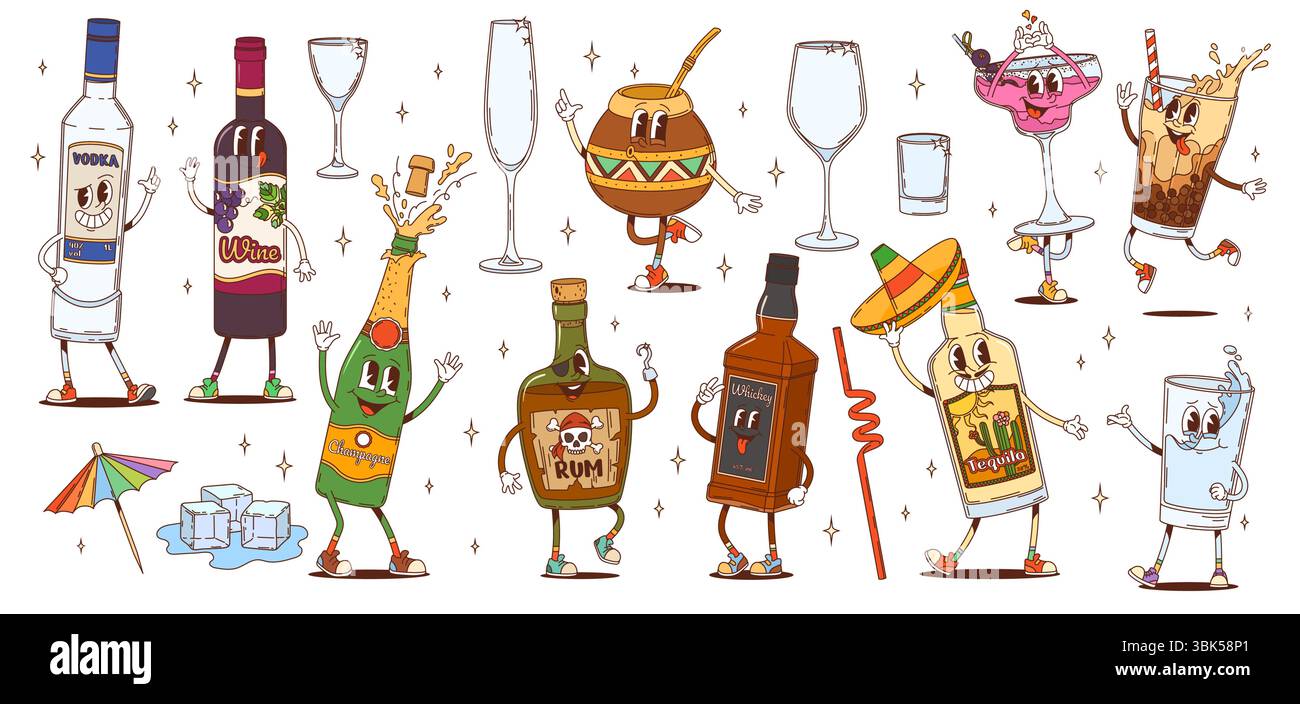 Rétro hippie groovy boisson et personnages de boisson avec des bouteilles et des verres joyeux personnages vectoriels. Vodka groovy psychédélique, vin, whisky et boissons de rhum, eau drôle, café à bulles et cocktail Illustration de Vecteur