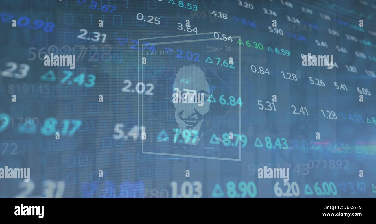 Mettre en surbrillance la case de visage montrant l'icône de profil sur le tableau de bord de trading, avec des valeurs flottantes et des flèches Banque D'Images