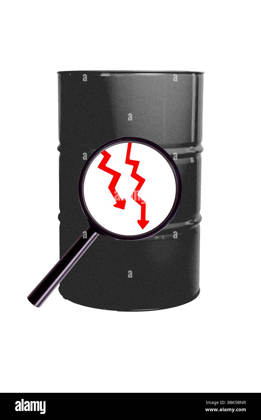 Croquis image tendance illustration montage photo 3D collage de loupe flèche vers le bas industrie graphique production de carburant commerce financement pétrole Banque D'Images