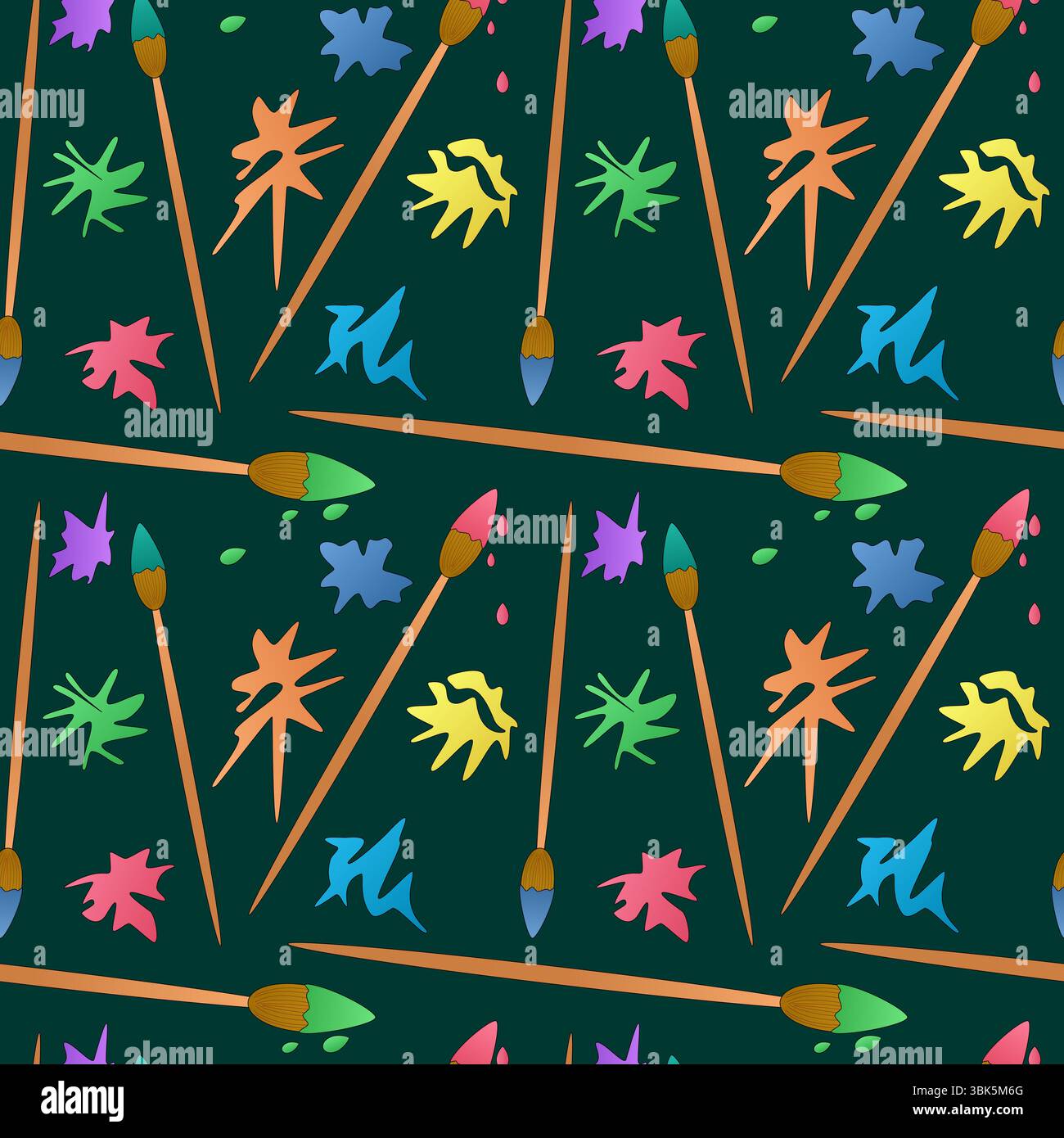 Modèle sans couture avec pinceaux et peinture colorée éclaboussure différentes formes sur fond vert foncé. Pour le thème de retour à l'école, fournitures ou statio Illustration de Vecteur