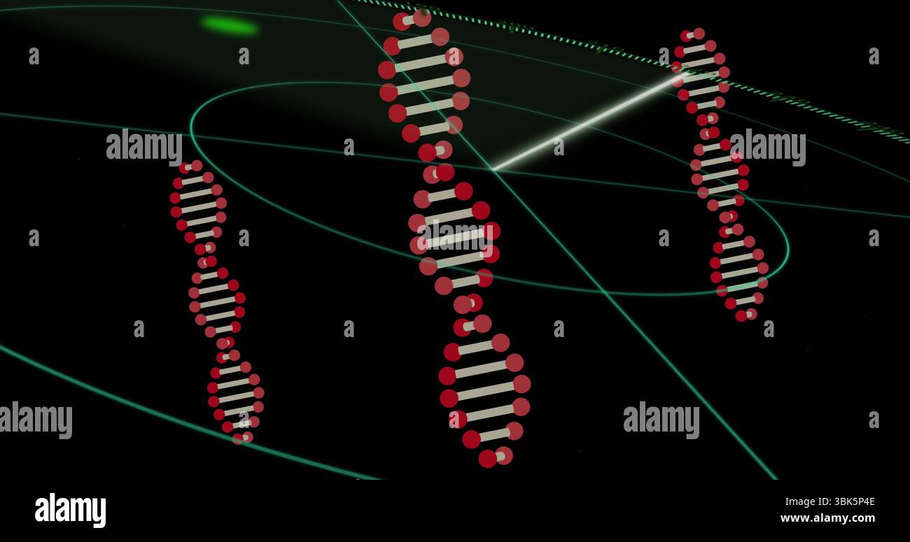 Hélices d'ADN stylisées flottantes tournant dans l'espace virtuel 3D, avec grille verte néon et faisceau lumineux Banque D'Images