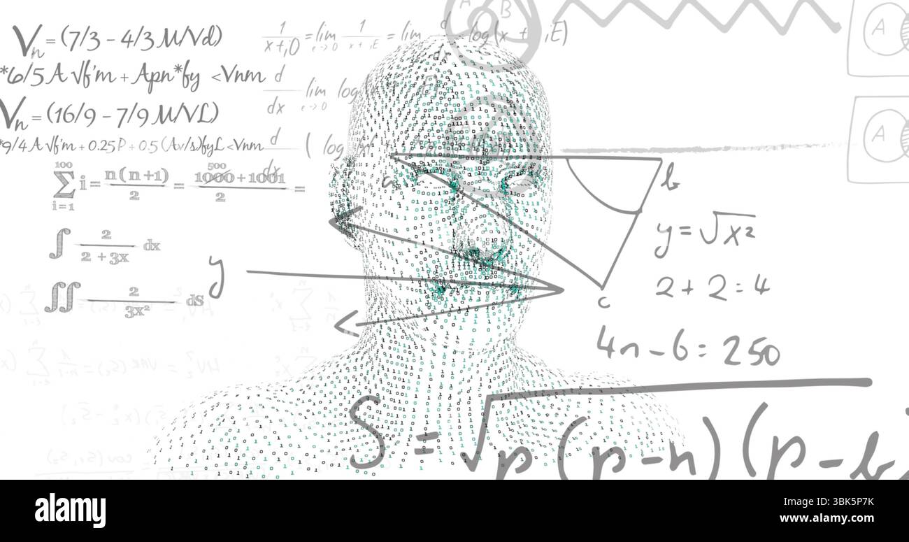 Affichage stylisé d'une tête matricielle flottante dans un espace blanc abstrait, avec superpositions de notation mathématique Banque D'Images