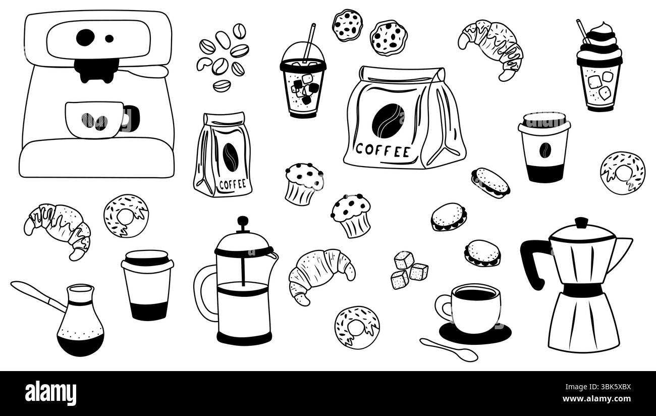 Set à café avec icônes de contour noir Illustration de Vecteur Set à café avec icônes de contour noir Illustration de Vecteur