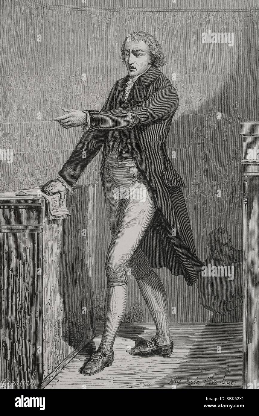 Jean-Baptiste Louvet de Couvray (1760-1797) Romancier, journaliste, dramaturge et homme politique français. Il s'est rangé du côté des Girondins. Adjoint à la Convention nationale. Portrait. Dessin de Hippolyte de la Charlerie. Gravure de A. Demarle. "Histoire de la Révolution française". Volume I, 1876. Banque D'Images