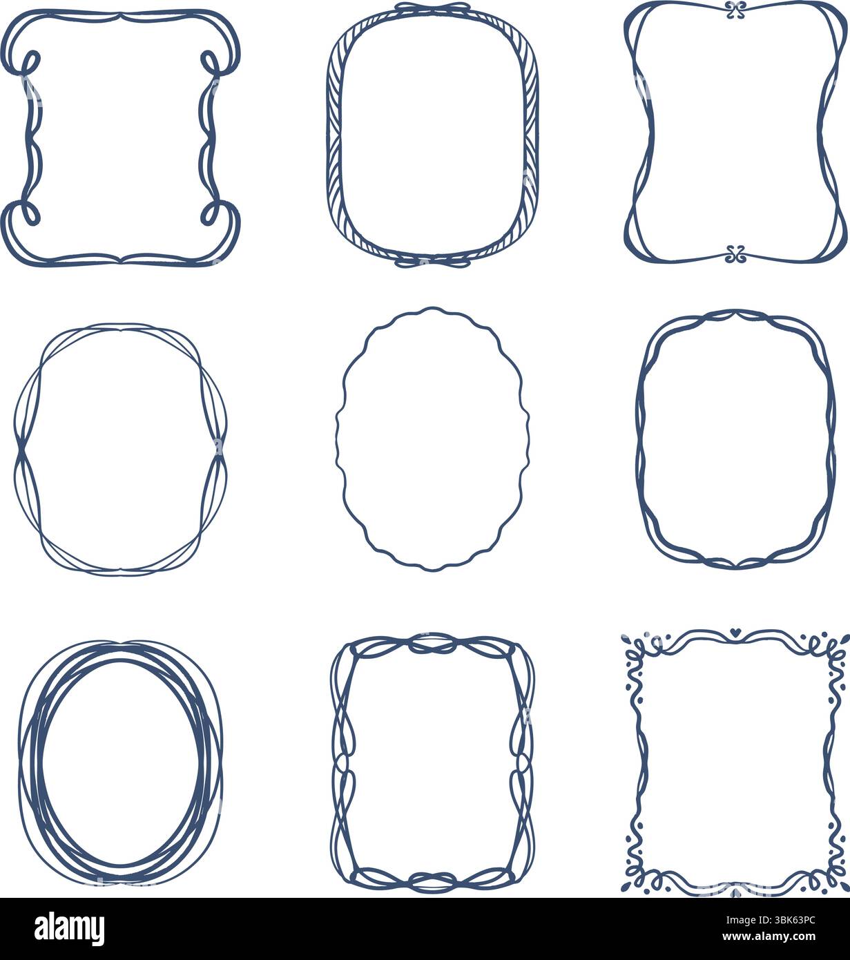Ensemble de cadres de ligne bleue avec boucles et trait ondulé. Collection de modèles vides verticaux pour décorer le texte. Cadres de voeux ou de mariage. Illustration de Vecteur