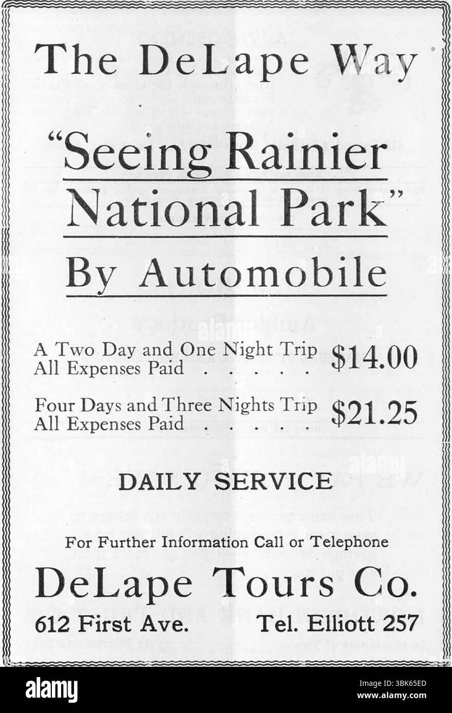 1914 DeLape's Sightseeing Tours of Rainier National Park annonce imprimée Banque D'Images