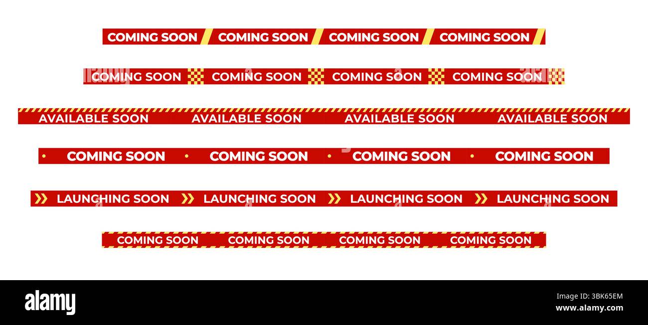 Bientôt disponible Red Warning Banner Tape Set avec typographie audacieuse pour l'ouverture de magasin, lancement de vente, avis de vente au détail, alerte de campagne, arrivée de produit Illustration de Vecteur
