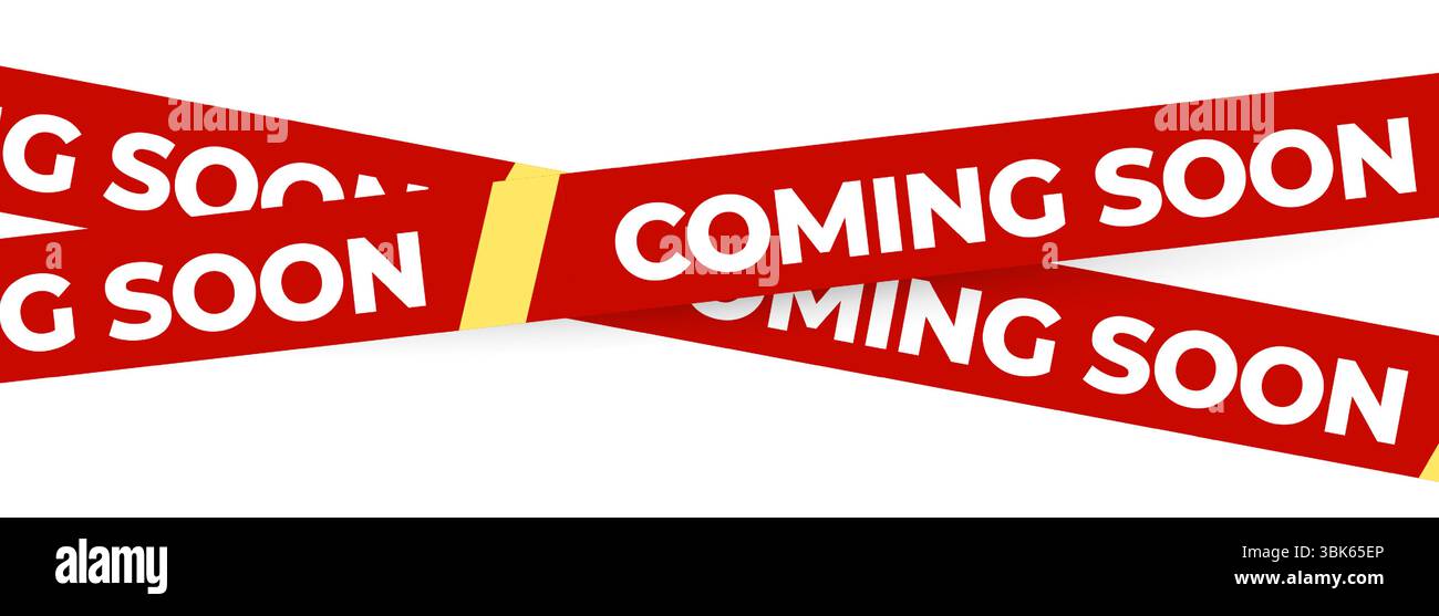 Bientôt disponible Red Banner Tape Stripe pour ouverture de boutique, lancement de soldes, avis de vente au détail, publicité de magasin, teaser de campagne, arrivée des produits, mise en page marketing. Produit Illustration de Vecteur