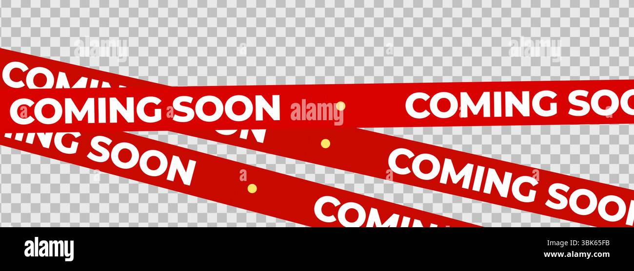 Bientôt disponible Red Banner Tape Stripe pour ouverture de boutique, lancement de soldes, avis de vente au détail, publicité de magasin, teaser de campagne, arrivée des produits, mise en page marketing. Produit Illustration de Vecteur
