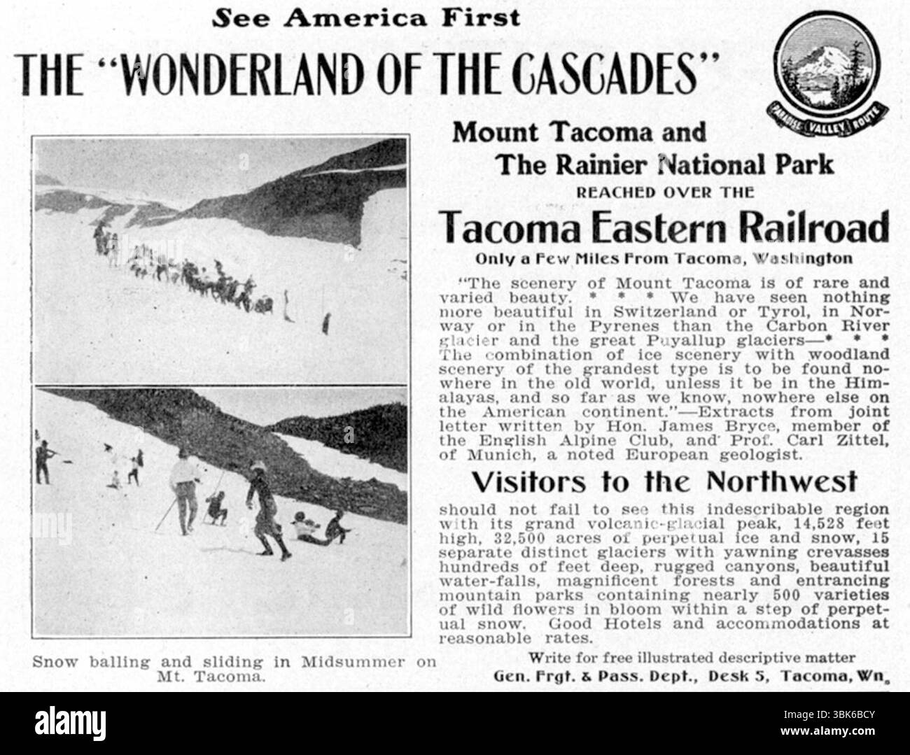 1906 Service ferroviaire vers le parc national du Mont Rainier annonce imprimée - « le pays des merveilles des Cascades » - le mont Tacoma et le parc national Rainier ont atteint le Tacoma Eastern Railroad. » Banque D'Images