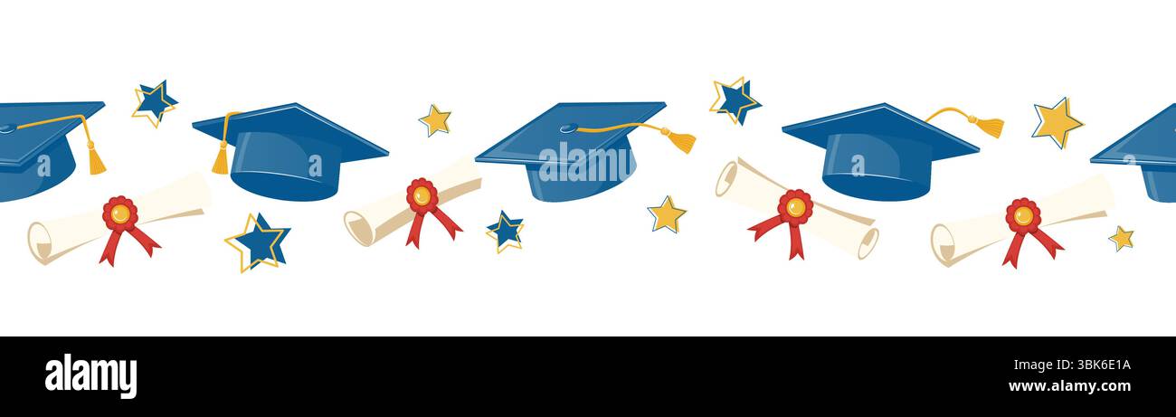 Casquettes de graduation, diplômes avec rubans rouges et étoiles décoratives dans un motif horizontal sans couture. Concept d'éducation et de célébration. Vecteur de dessin animé Illustration de Vecteur