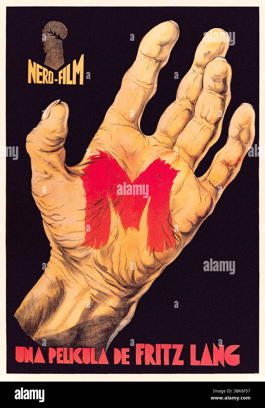 M (1931) réalisé par Fritz Lang avec Peter Lorre, Ellen Widmann et Inge Landgut. À Berlin, une ville est saisie par la peur alors qu'un meurtrier d'enfants en série, Hans Beckert, échappe à la fois à la police et au monde souterrain criminel, qui unissent leurs forces dans une chasse à l'homme désespérée. Photographie d'une affiche originale espagnole d'une feuille de 1931. Crédit : BFA / Nero-film AG Banque D'Images