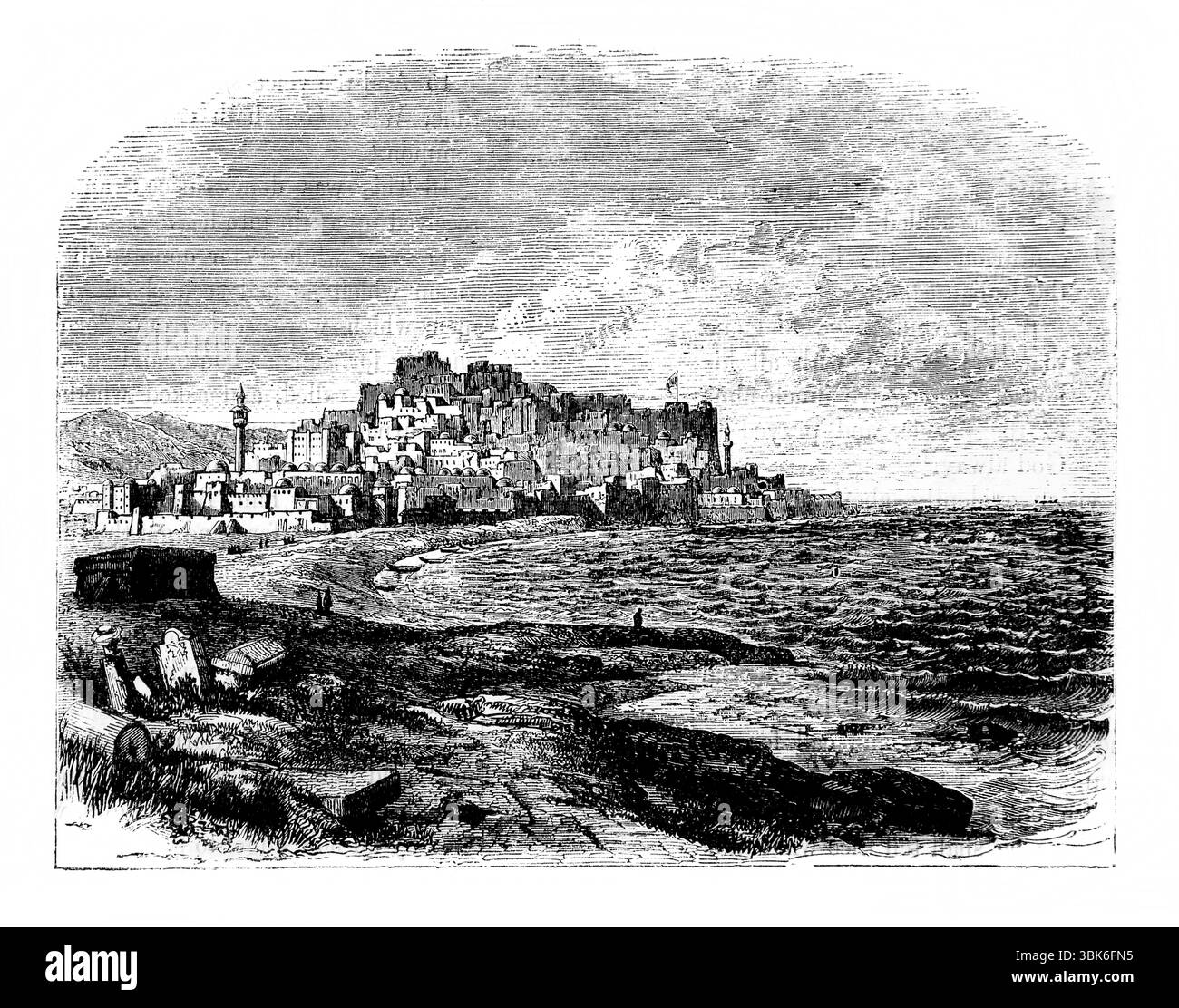 Illustration de la ville de Yaffa (Jaffa) au 19ème siècle (ancienne Joppa) de l'ancien 19ème siècle la Sainte Bible contenant l'ancien et le Nouveau Testame Banque D'Images