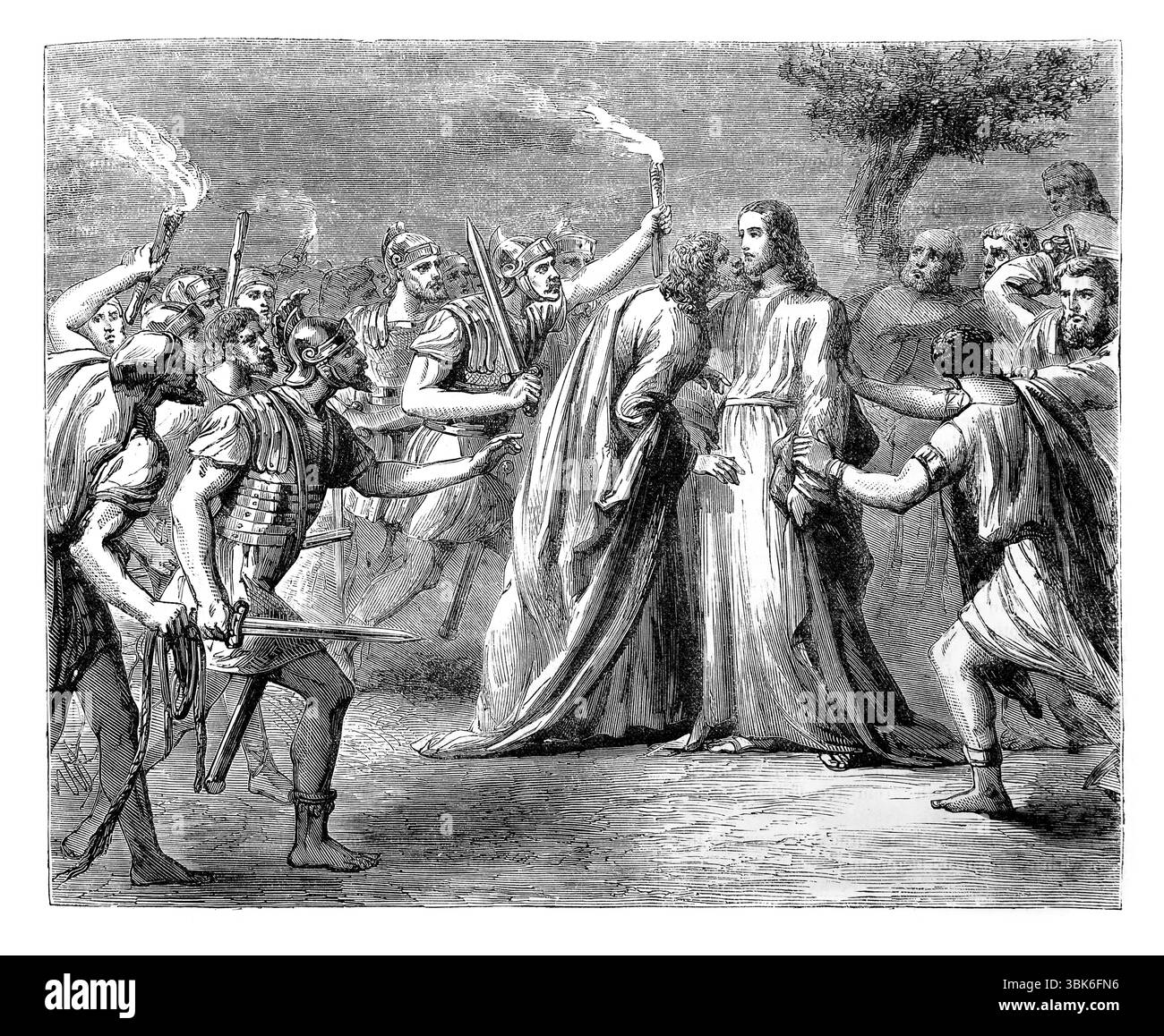 Illustration du 'baiser de Judas' dans le jardin de Gethsémané de l'antique 19ème siècle la Sainte Bible contenant l'ancien et le Nouveau Testament avec Expla Banque D'Images