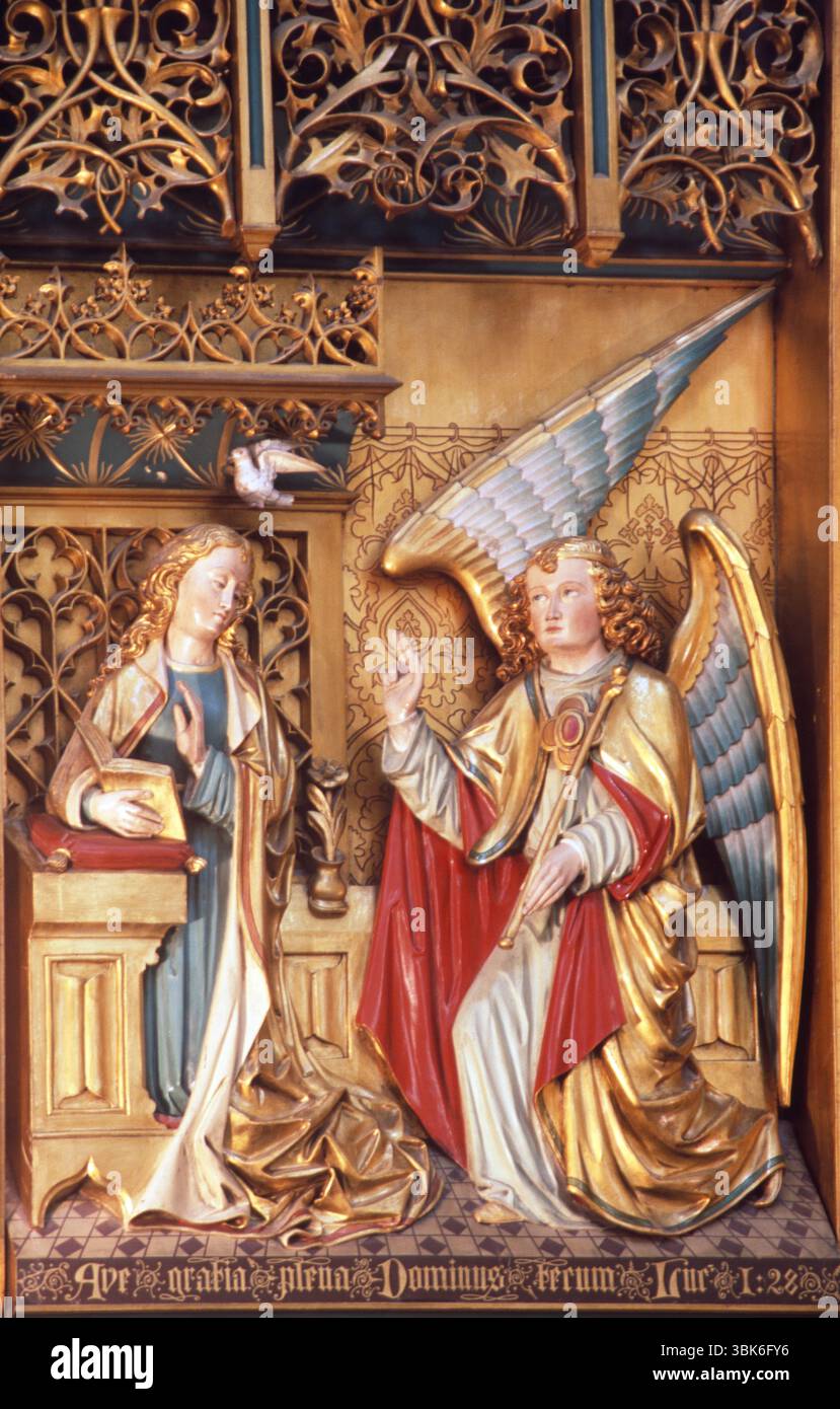 Panneau représentant l'Annonciation - Vierge Marie visitée par l'Ange Gabriel à l'église catholique St Francis Xavier (de Krijtberg Kerk) Amsterdam Holla Banque D'Images Panneau représentant l'Annonciation - Vierge Marie visitée par l'Ange Gabriel à l'église catholique St Francis Xavier (de Krijtberg Kerk) Amsterdam Holla Banque D'Images