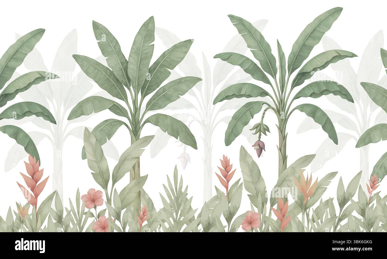 Fresque murale de la nature exotique : feuilles tropicales vertes, fleurs botaniques fond Banque D'Images Fresque murale de la nature exotique : feuilles tropicales vertes, fleurs botaniques fond Banque D'Images