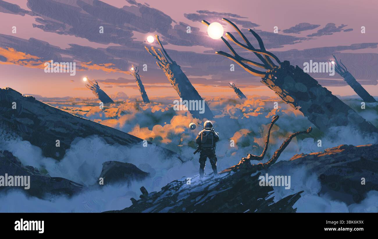 Un astronaute se tient sur un terrain rocheux entouré de brume et de nuages, regardant d'énormes structures enracinées brillantes s'élever dans un ciel de coucher de soleil surréaliste, digita Banque D'Images
