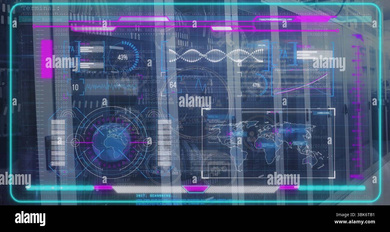 Interface utilisateur holographique flottante planant dans la baie de contrôle, montrant la carte du monde, forme d'onde ADN, jauges, graphiques Banque D'Images