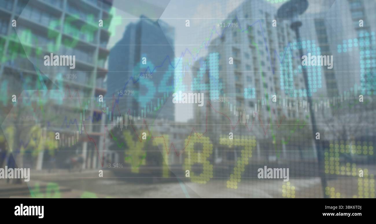 Affichage transparent superposition de marché montrant des cartes en chandelier sur une rue urbaine, avec piéton Banque D'Images