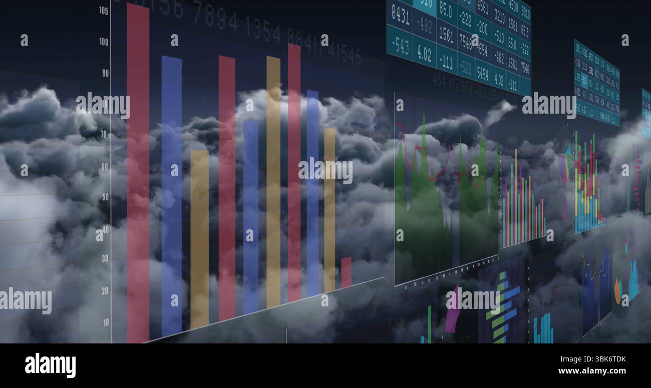 Panneaux flottants survolant les nuages dans la simulation montrant des tableaux à barres et linéaires vifs Banque D'Images