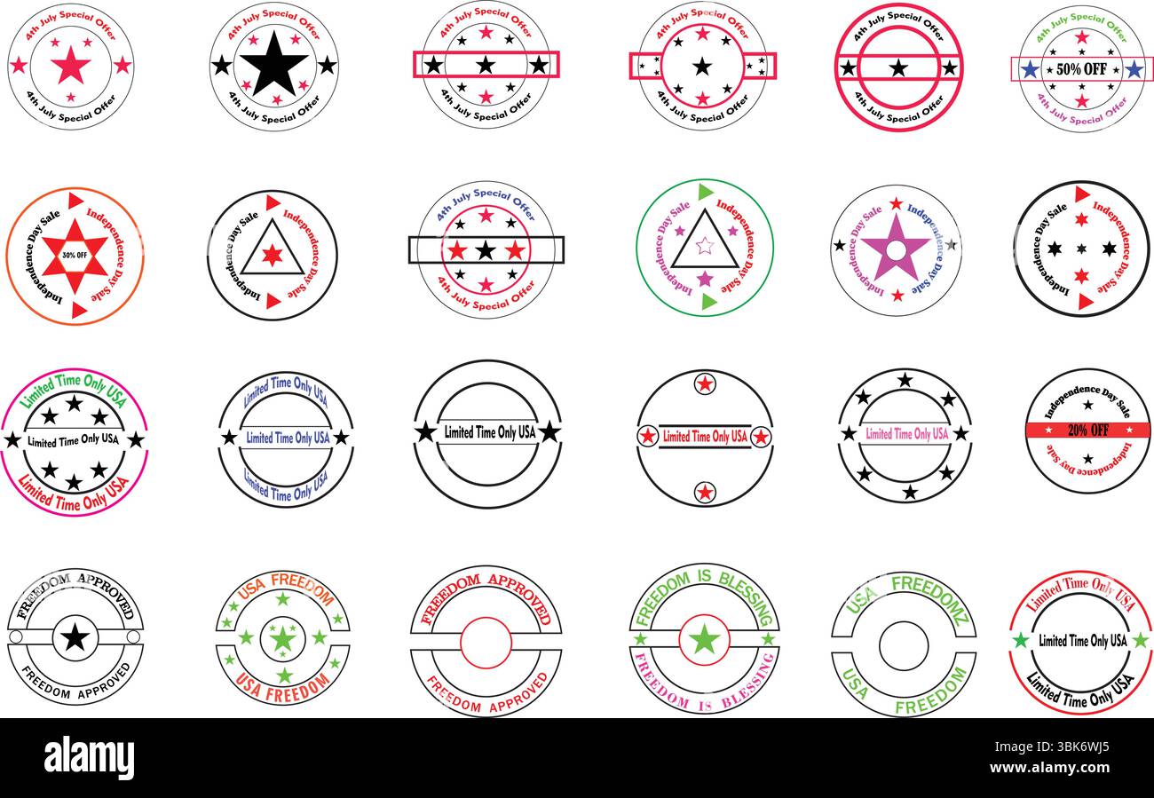 Collage de badge promotionnel coloré avec étoiles multicolores, effets de timbre circulaire et espace pour une remise personnalisée ou un texte de campagne Illustration de Vecteur