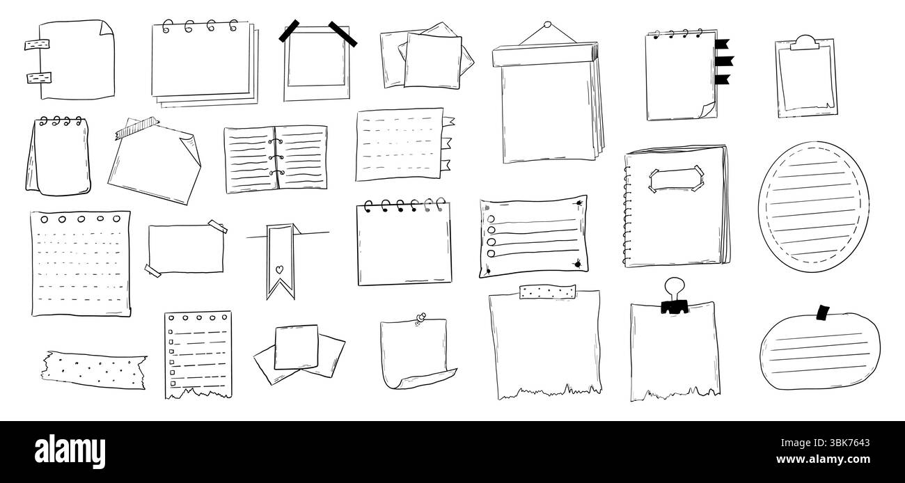 Mémo page bullet journal note croquis, griffonnage dessiné à la main autocollants de bureau boîte de liste ou cadre. Rappel de planificateur de bande dessinée, définir les éléments de conception de papeterie. Illustration vectorielle Illustration de Vecteur