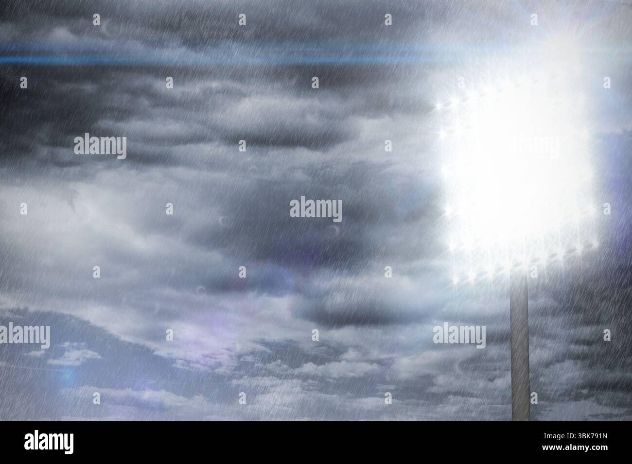La grande tour de projecteur projette la lumière parasite et illumine la pluie et les nuages dans un design plat Banque D'Images