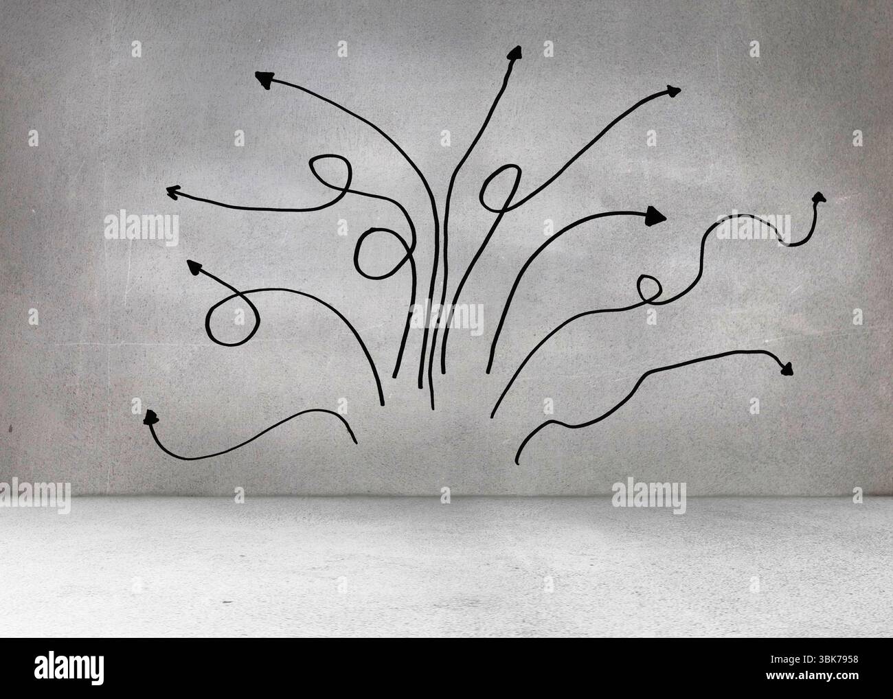 La conception plate courbant le cluster de flèches noires apparaît dans l'espace de mur de béton, avec éclatement abstrait Banque D'Images