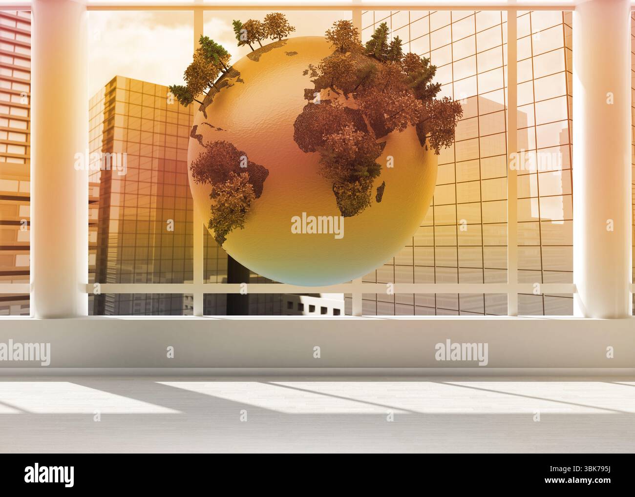 Sculpture globe d'or flotte dans l'intérieur de rendu 3D avec grille de fenêtre ensoleillée et horizon de la ville Banque D'Images