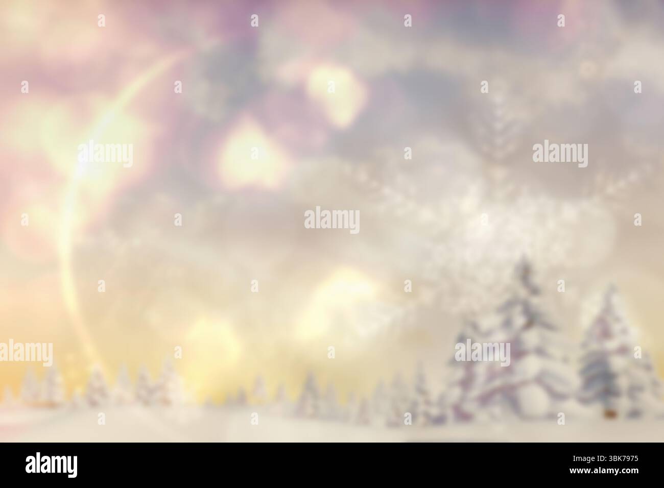 Paysage hivernal de rêve dans un design plat montrant des feuilles persistantes enneigées avec bokeh, flocons de neige, espace de copie Banque D'Images