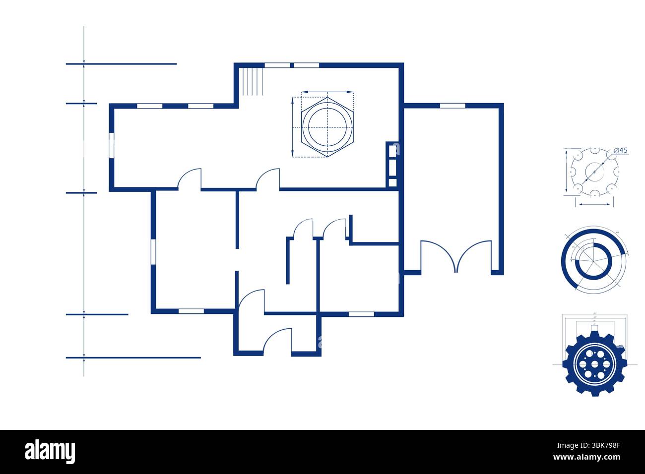 Le plan vectoriel montre un plan d'étage résidentiel avec des lignes de dimension et des diagrammes mécaniques Banque D'Images