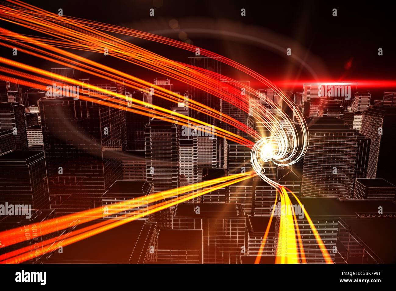 Voyant orange au dessus des gratte-ciel Banque D'Images