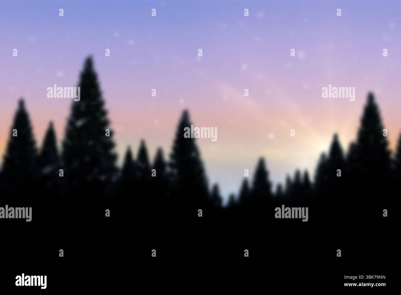 Les silhouettes Evergreen doublent de bois d'aube de conception plate, le ciel pastel brille doucement Banque D'Images