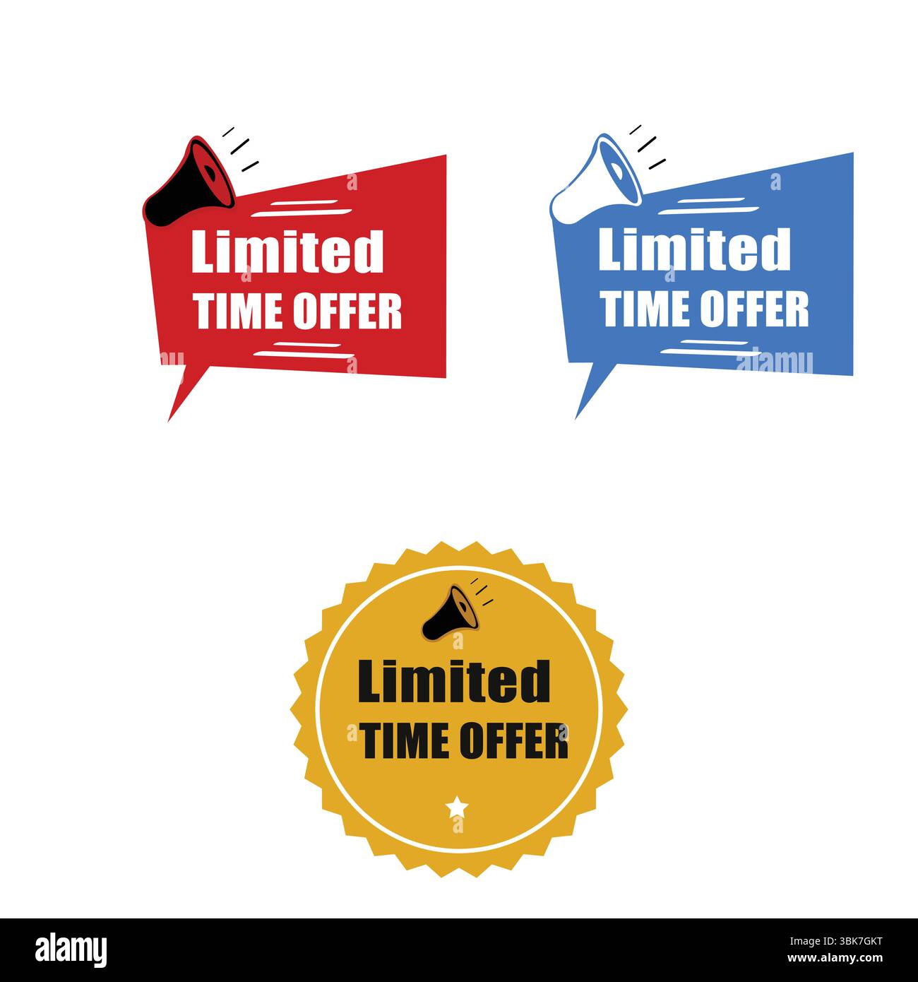 Offre d'une durée limitée icônes jeu d'étiquettes de badge mégaphone dans le marketing et la publicité rouge, bleu or. Illustration vectorielle Art deux bâton d'offre à durée limitée Illustration de Vecteur