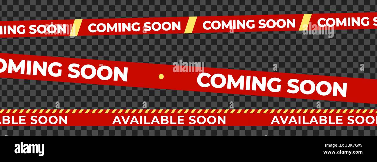 Bientôt disponible bientôt bande de bannière, styles de ruban mixte pour l'ouverture de boutique, lancement de vente, avis de vente au détail, campagne de marketing. Produit promotionnel Illustration de Vecteur