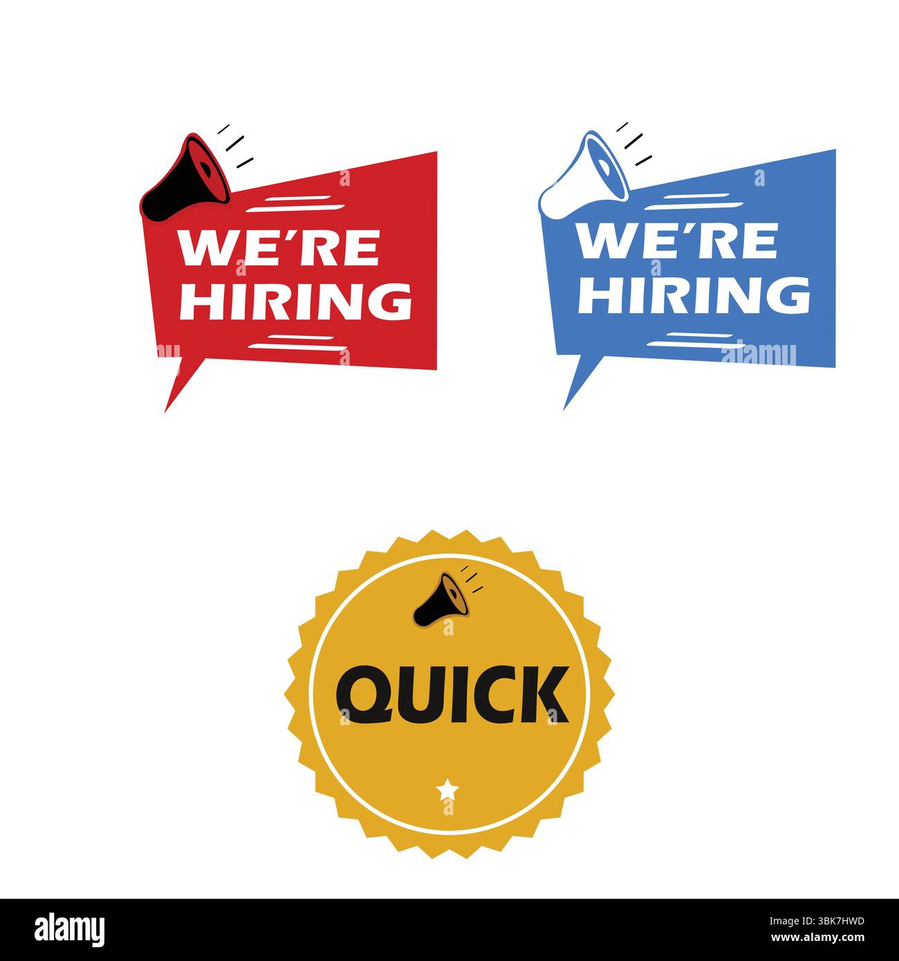 Nous embauchons et annonce rapide d'emploi icônes Rouge Bleu Or Megaphone étiquettes autocollant de nous embauchons pour des emplois et bannière publicitaire tampon rapide logo Illustration de Vecteur