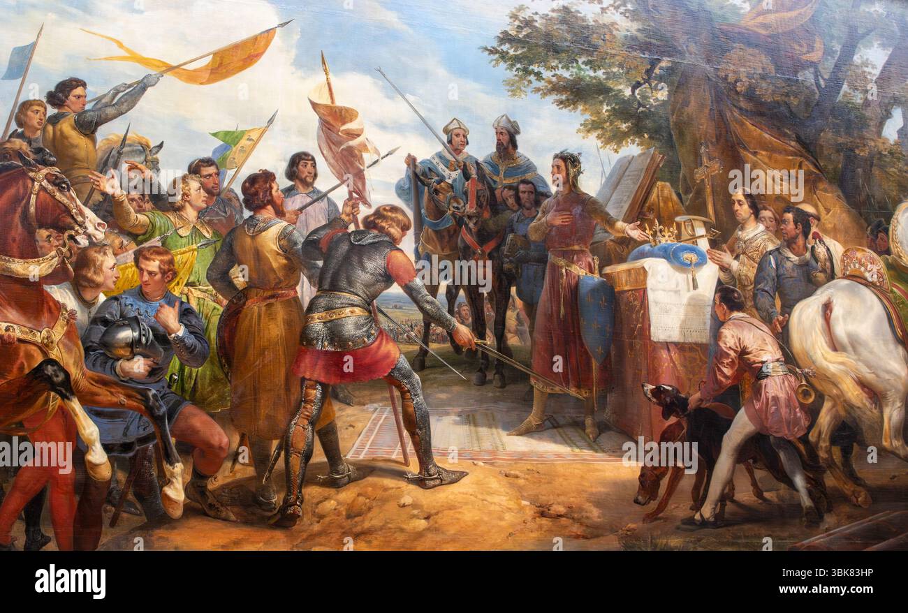 Tableau représentant une scène historique avec un roi, des soldats et des bannières, rendu dans des tons chauds et des figures détaillées au château de Versailles, Paris. Banque D'Images