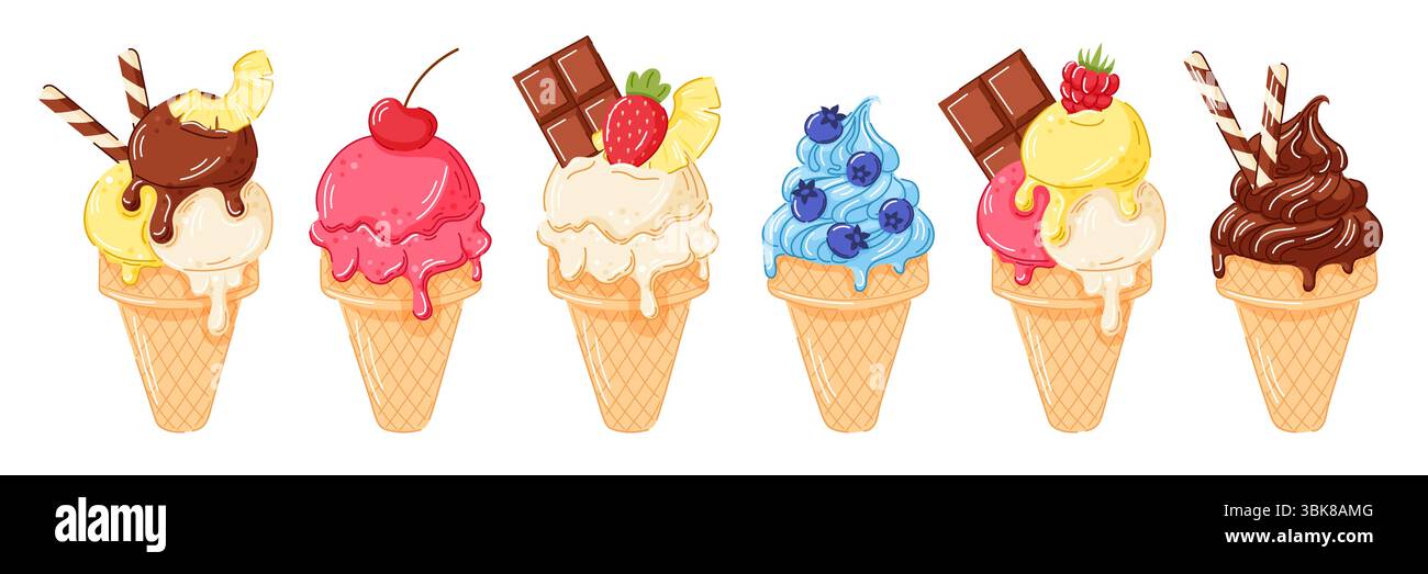 Ensemble de cornets de crème glacée avec cuillère de fonte et cerise, ananas, fraise, barre de chocolat, myrtille, framboise sur le dessus dans le cône de gaufre dans le style de dessin animé Illustration de Vecteur