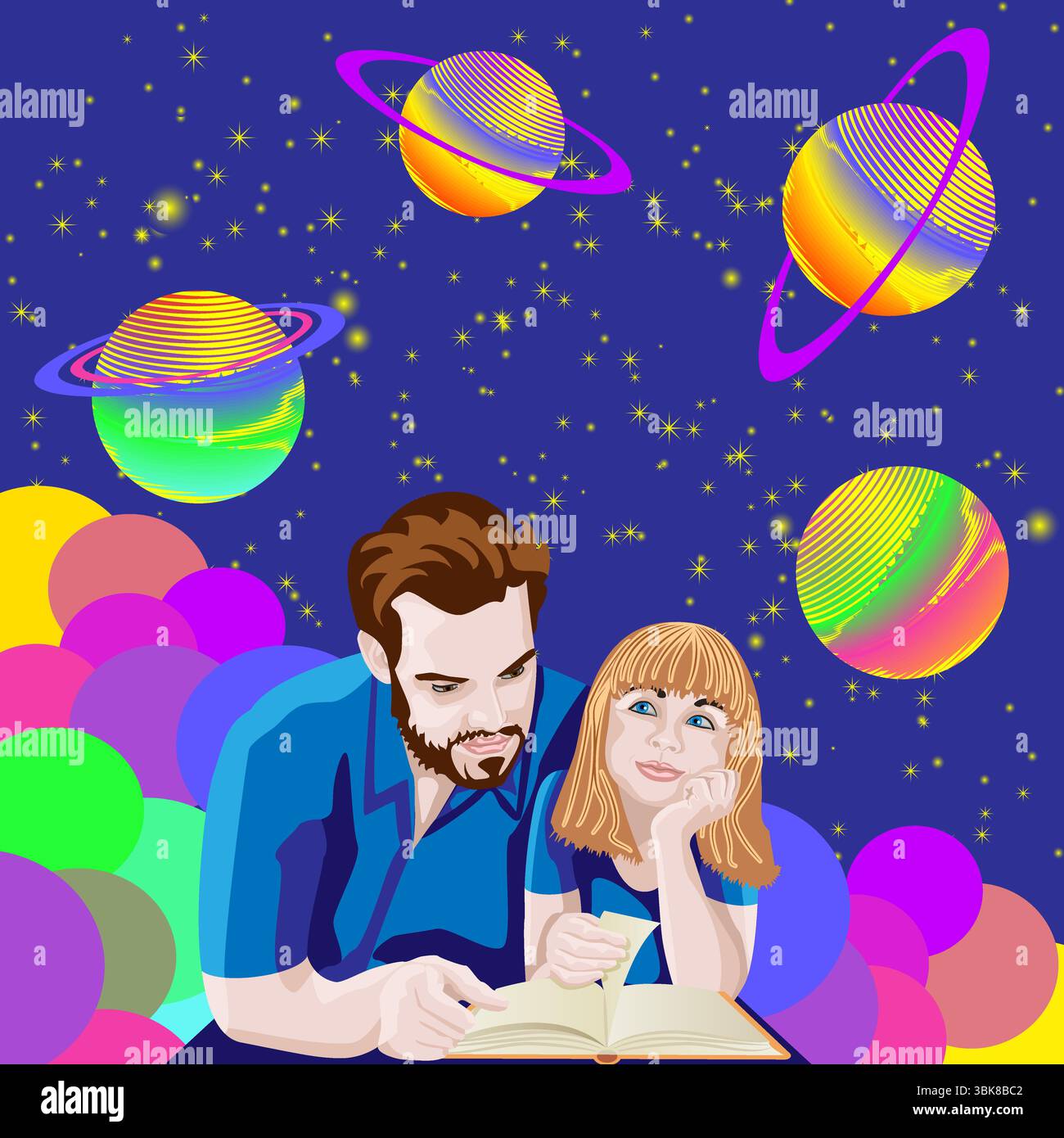 Père et fille lisant livre. Ciel étoilé magique avec des planètes colorées. Journée internationale des amoureux du livre. Bannière. Illustration vectorielle isolée. Illustration de Vecteur